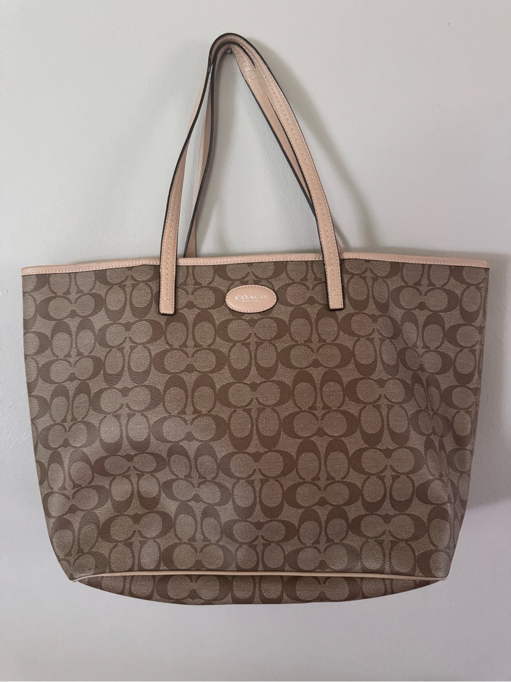 Coach Brown Signature Canvas Tote with Pale Pink Trim